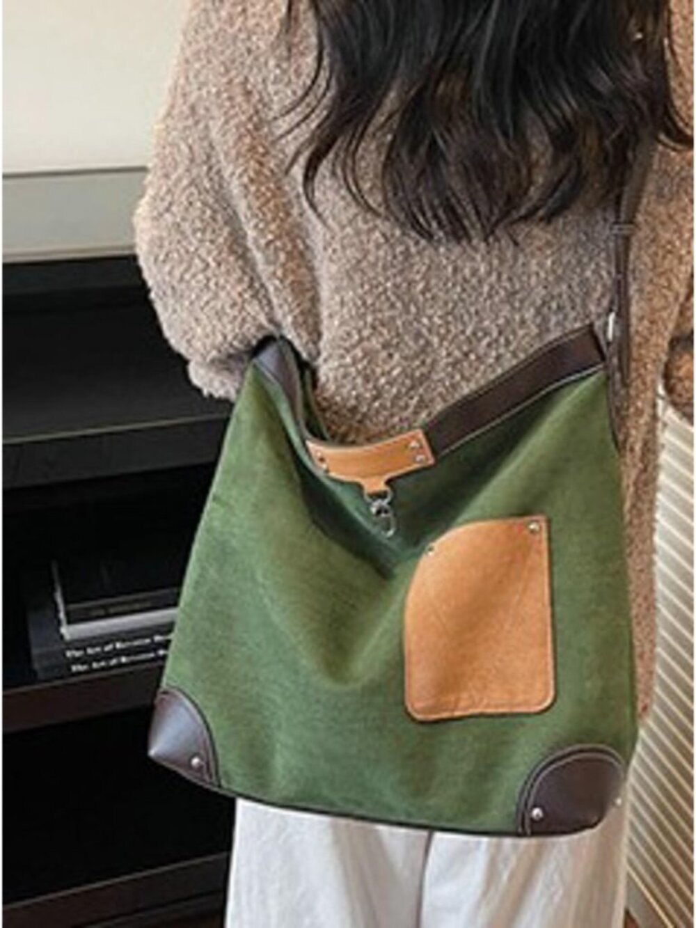 Green Canvas Shoulder Bag with Brown Leather Accents - Picture 6 of 7